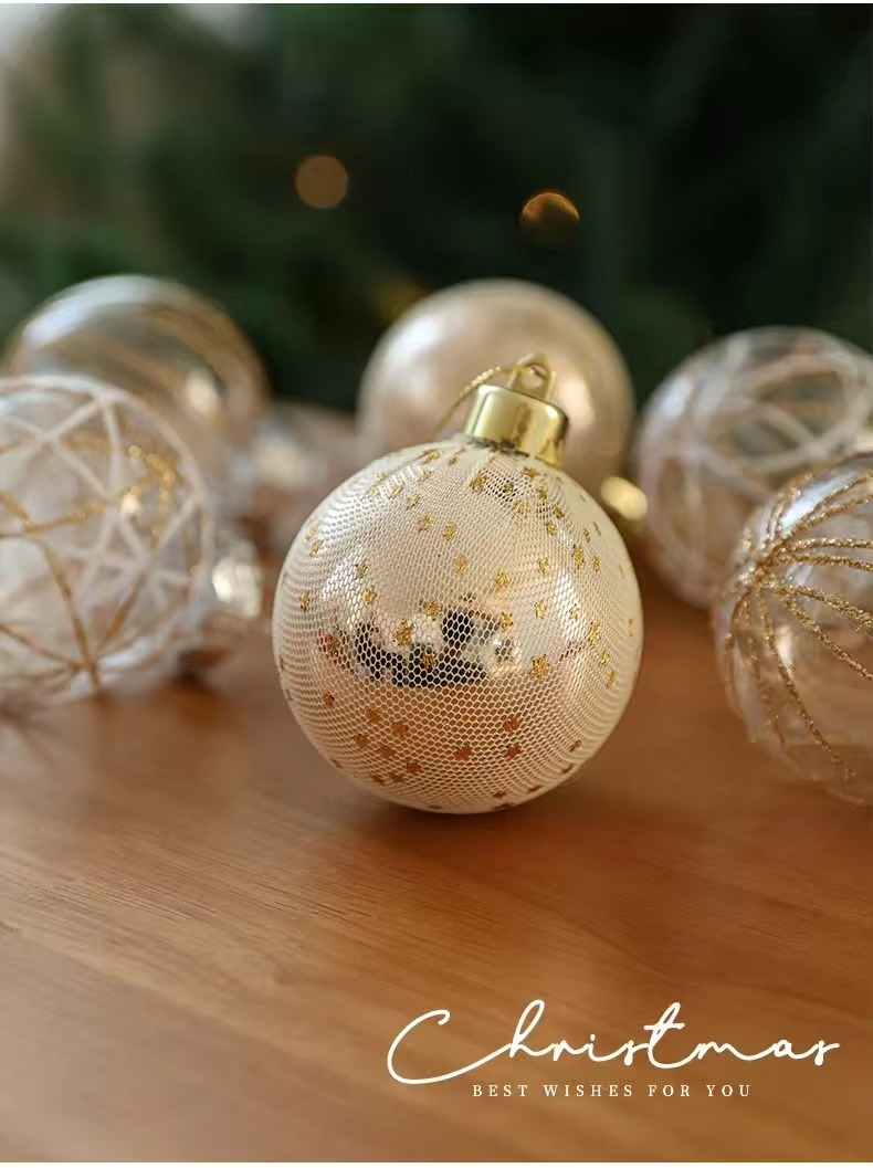 6pcs 6cm Christmas Ornaments Gold White Mesh Glitter Xmas Tree Decor Transparent Holiday Home Decorations Ornament Ball Festive