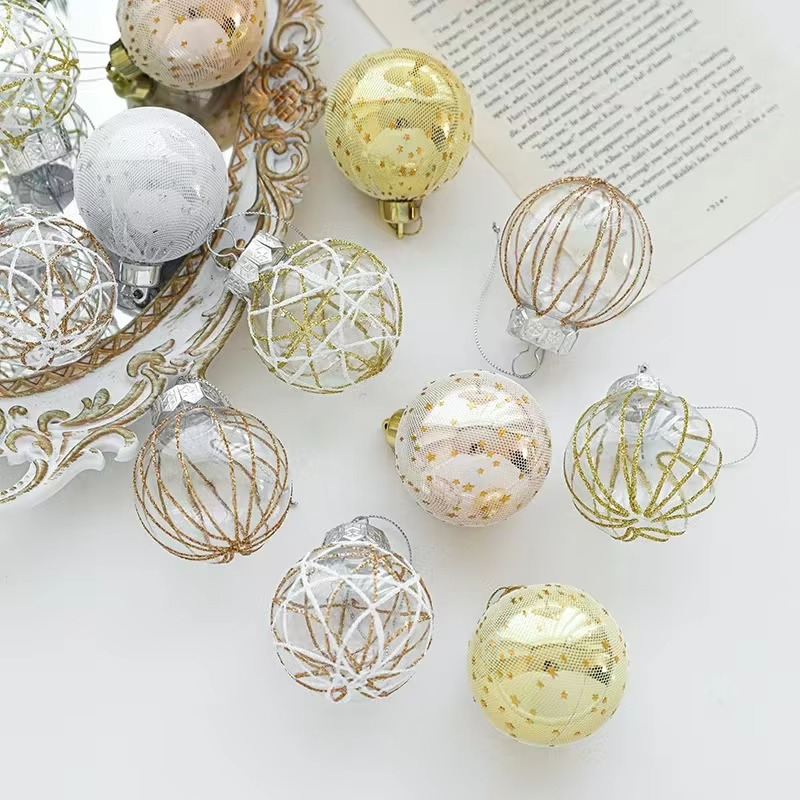 6pcs 6cm Christmas Ornaments Gold White Mesh Glitter Xmas Tree Decor Transparent Holiday Home Decorations Ornament Ball Festive