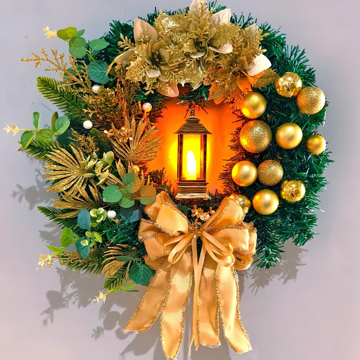 Christmas Wreath With Lamp Bow Ball Big Red Flower Navidad Party Wall Door Window Fireplace Staircase Balcony Garden Wreath 2025