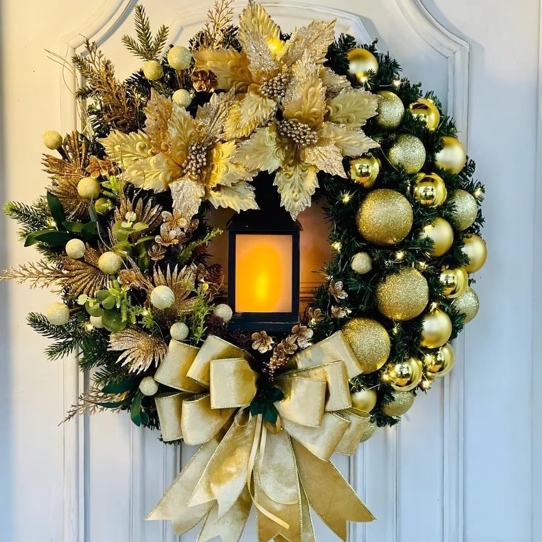 Christmas Wreath With Lamp Bow Ball Big Red Flower Navidad Party Wall Door Window Fireplace Staircase Balcony Garden Wreath 2025