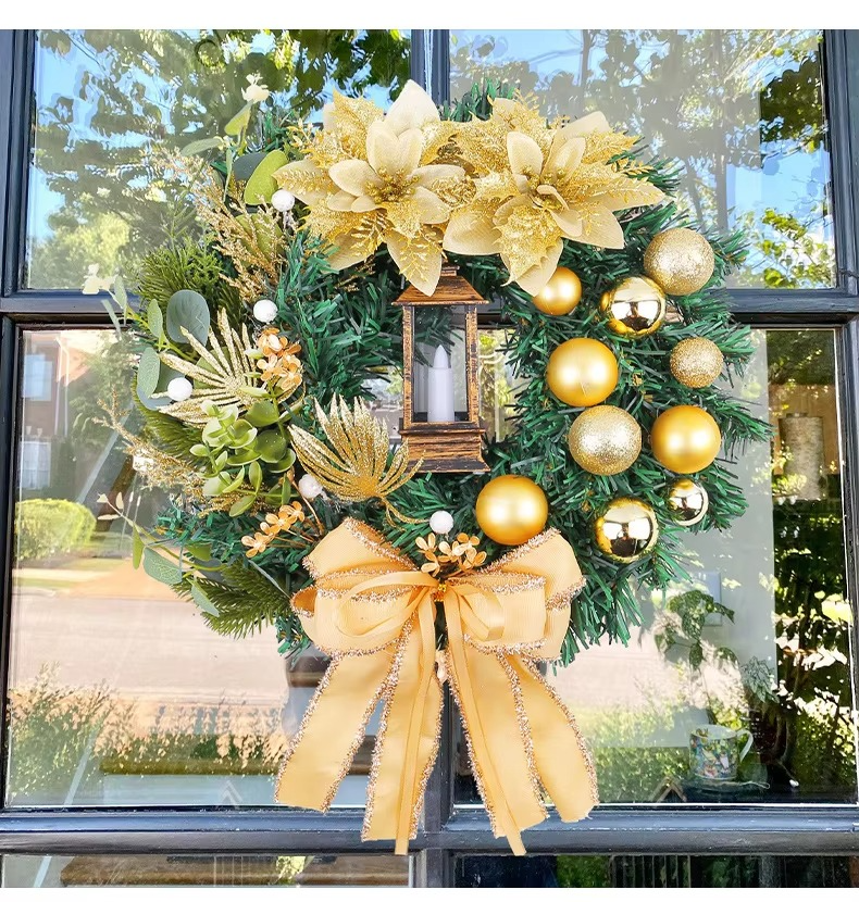 Christmas Wreath With Lamp Bow Ball Big Red Flower Navidad Party Wall Door Window Fireplace Staircase Balcony Garden Wreath 2025