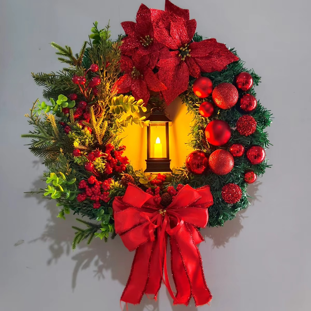 Christmas Wreath With Lamp Bow Ball Big Red Flower Navidad Party Wall Door Window Fireplace Staircase Balcony Garden Wreath 2025