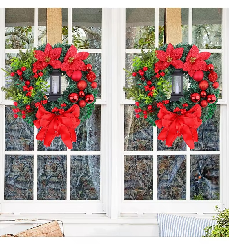 Christmas Wreath With Lamp Bow Ball Big Red Flower Navidad Party Wall Door Window Fireplace Staircase Balcony Garden Wreath 2025