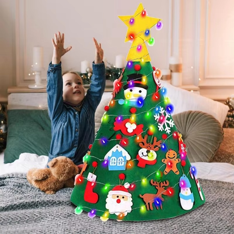 3D Felt Christmas Tree Set Christmas Decoration Kids Felt Tree Door Wall Hanging Craft with LED String Lights Xmas Decors