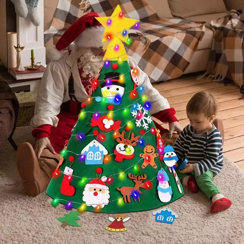 3D Felt Christmas Tree Set Christmas Decoration Kids Felt Tree Door Wall Hanging Craft with LED String Lights Xmas Decors