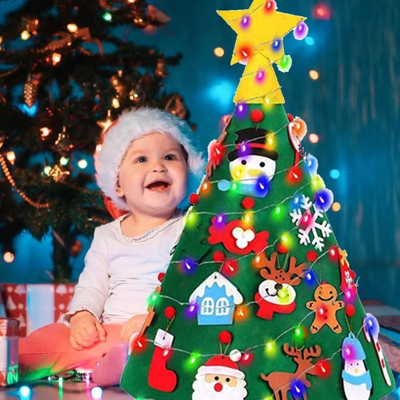 3D Felt Christmas Tree Set Christmas Decoration Kids Felt Tree Door Wall Hanging Craft with LED String Lights Xmas Decors