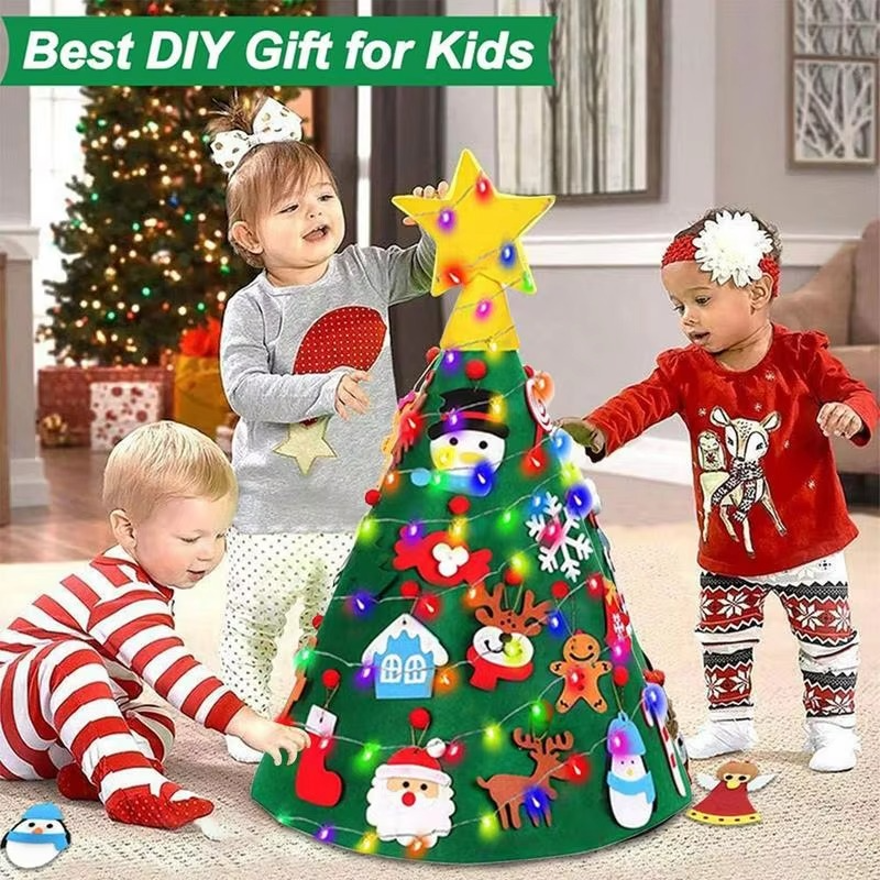 3D Felt Christmas Tree Set Christmas Decoration Kids Felt Tree Door Wall Hanging Craft with LED String Lights Xmas Decors