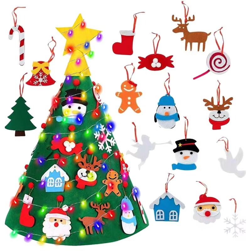 3D Felt Christmas Tree Set Christmas Decoration Kids Felt Tree Door Wall Hanging Craft with LED String Lights Xmas Decors