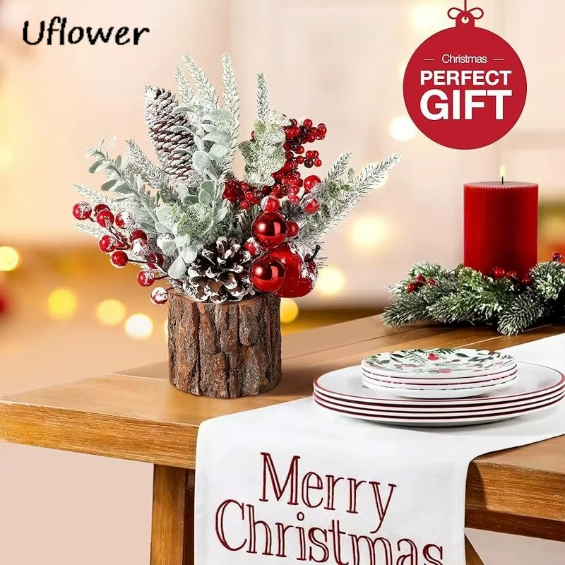 30cm Mini Christams Tree Artificial Plants PE Flocking Pinecone Pine Branch Home Window Decoration Desktop Decor Christmas Gift