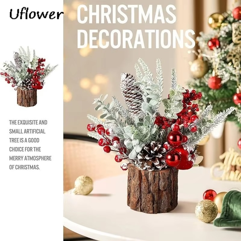 30cm Mini Christams Tree Artificial Plants PE Flocking Pinecone Pine Branch Home Window Decoration Desktop Decor Christmas Gift