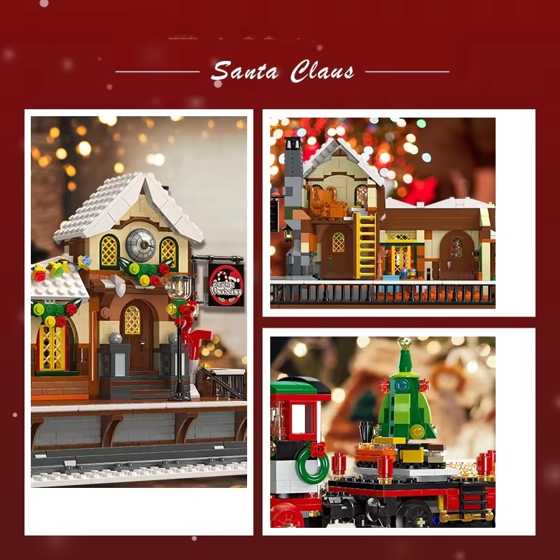 1362pcs Christmas Train Platform Building Blocks Set Winter Railway Station Model with Light Street View Kids Assembly Toy Gift