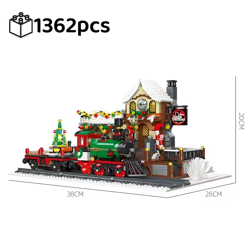 1362pcs Christmas Train Platform Building Blocks Set Winter Railway Station Model with Light Street View Kids Assembly Toy Gift