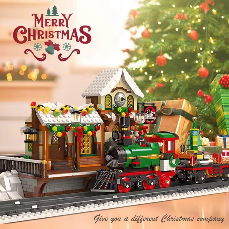 1362pcs Christmas Train Platform Building Blocks Set Winter Railway Station Model with Light Street View Kids Assembly Toy Gift
