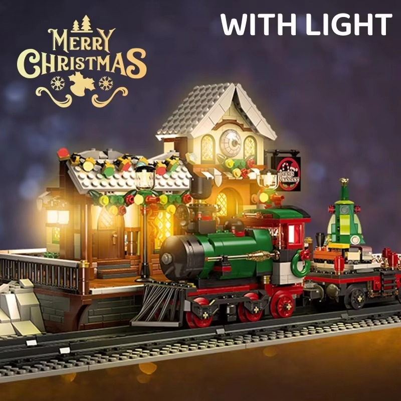 1362pcs Christmas Train Platform Building Blocks Set Winter Railway Station Model with Light Street View Kids Assembly Toy Gift