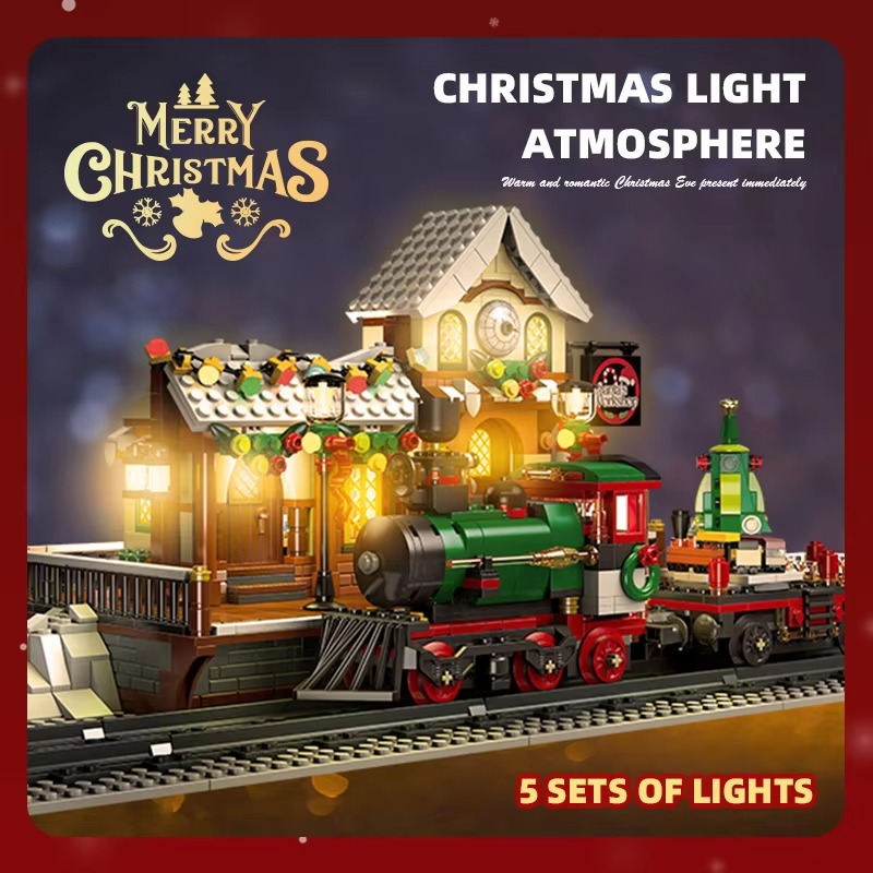 NEW Creative Christmas Train Station Architectural Scenery Building Blocks Bricks Model Assembly DIY Toys for Kid Christmas Gift
