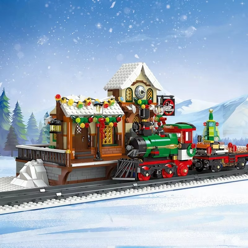 NEW Creative Christmas Train Station Architectural Scenery Building Blocks Bricks Model Assembly DIY Toys for Kid Christmas Gift