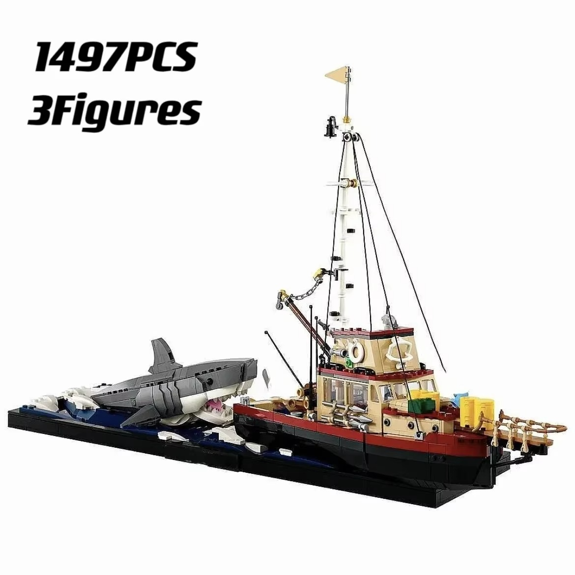 2025 New Jaws Diorama Boat Shark Pirate Ship Building Blocks Fishing Boat Model Bricks Toys Birthday Christmas Gift for Kid
