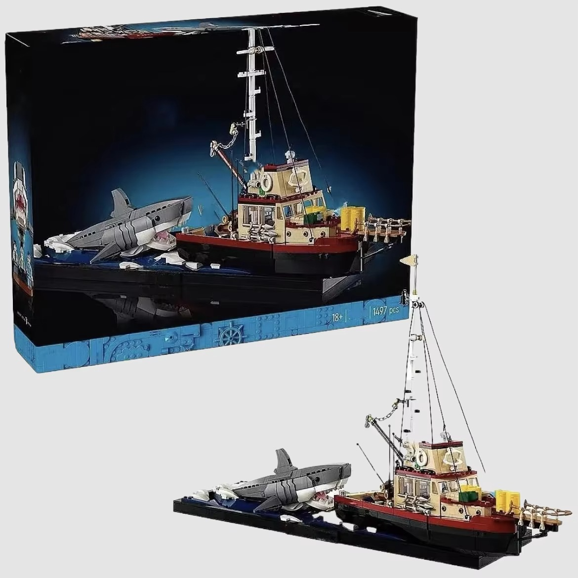 2025 New Jaws Diorama Boat Shark Pirate Ship Building Blocks Fishing Boat Model Bricks Toys Birthday Christmas Gift for Kid