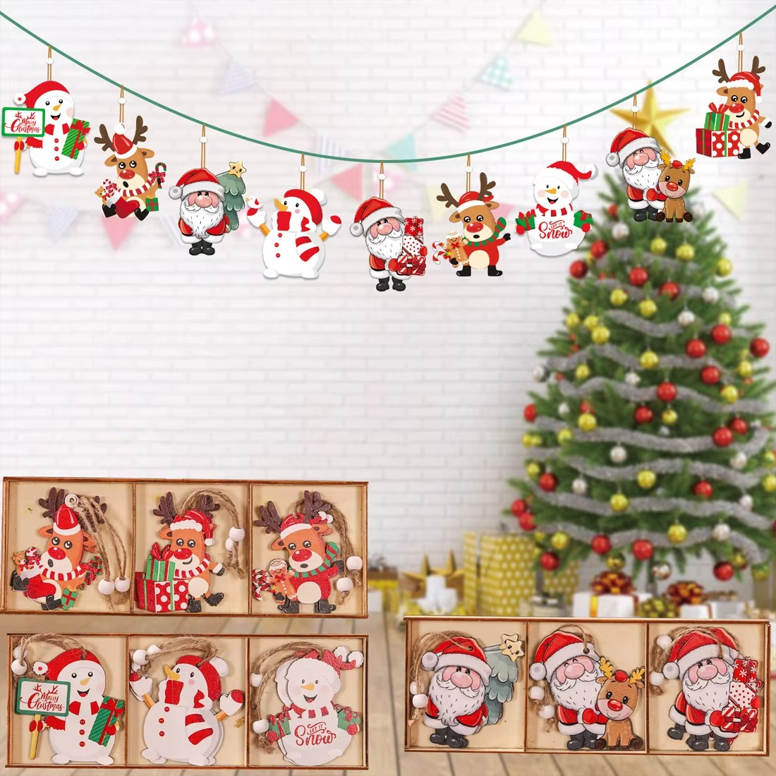 9 pieces wooden Santa Pendant Christmas Decorations Suitable for Family Christmas Tree Ornaments Christmas Tree Accessories