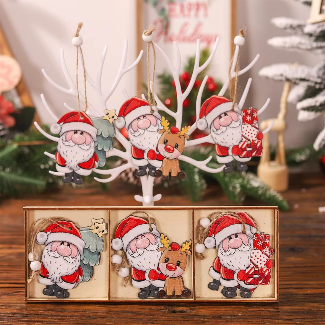 9 pieces wooden Santa Pendant Christmas Decorations Suitable for Family Christmas Tree Ornaments Christmas Tree Accessories