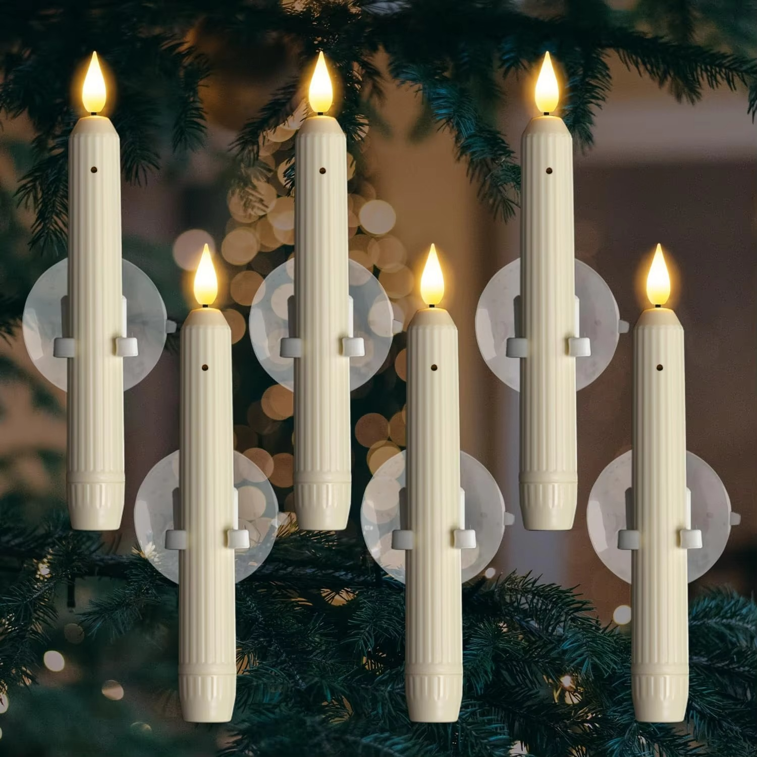 6Pcs LED Window Candles with Dusk to Dawn Sensor Battery Operated Ivory Candlesticks Suction Cups for Christmas Roman Column