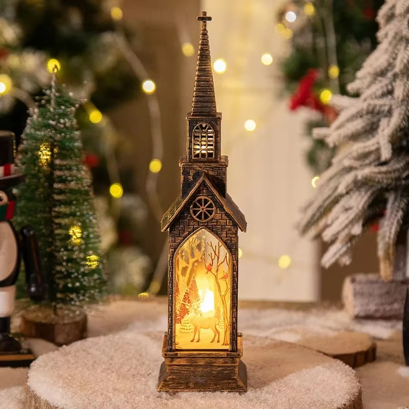 Christmas Santa Lantern Retro Church LED Electronic Candle Desktop Glowing Night Lights Home New Year Party Decoration Supplies