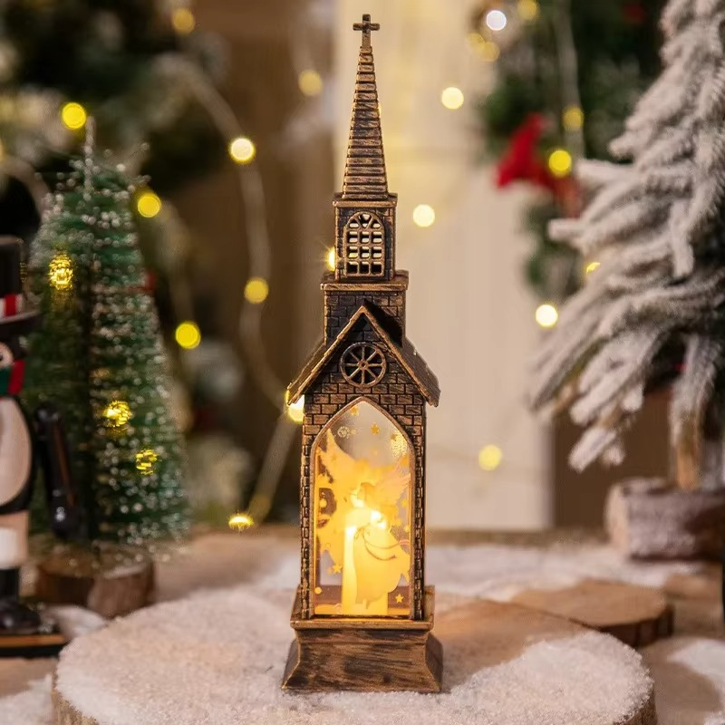 Christmas Santa Lantern Retro Church LED Electronic Candle Desktop Glowing Night Lights Home New Year Party Decoration Supplies