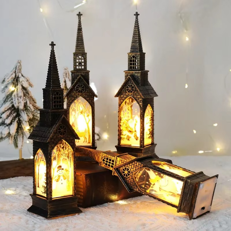Christmas Santa Lantern Retro Church LED Electronic Candle Desktop Glowing Night Lights Home New Year Party Decoration Supplies