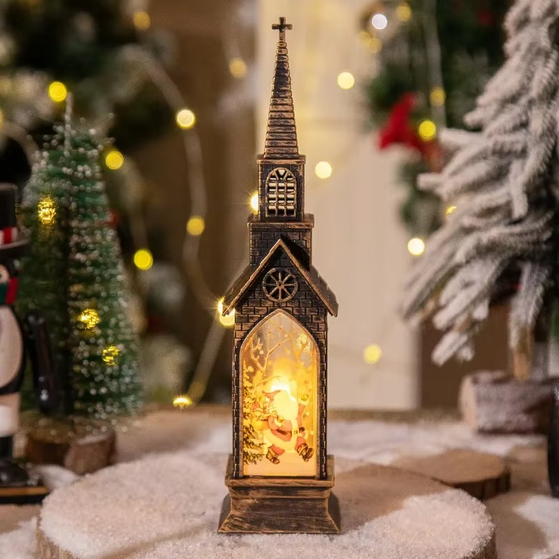 Christmas Santa Lantern Retro Church LED Electronic Candle Desktop Glowing Night Lights Home New Year Party Decoration Supplies