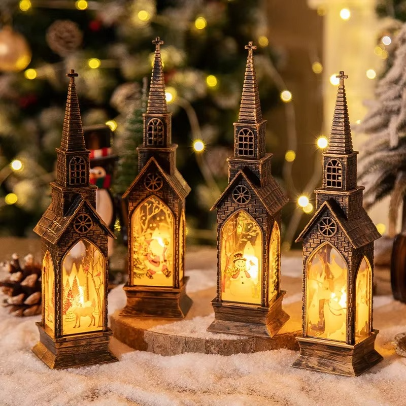 Christmas Santa Lantern Retro Church LED Electronic Candle Desktop Glowing Night Lights Home New Year Party Decoration Supplies