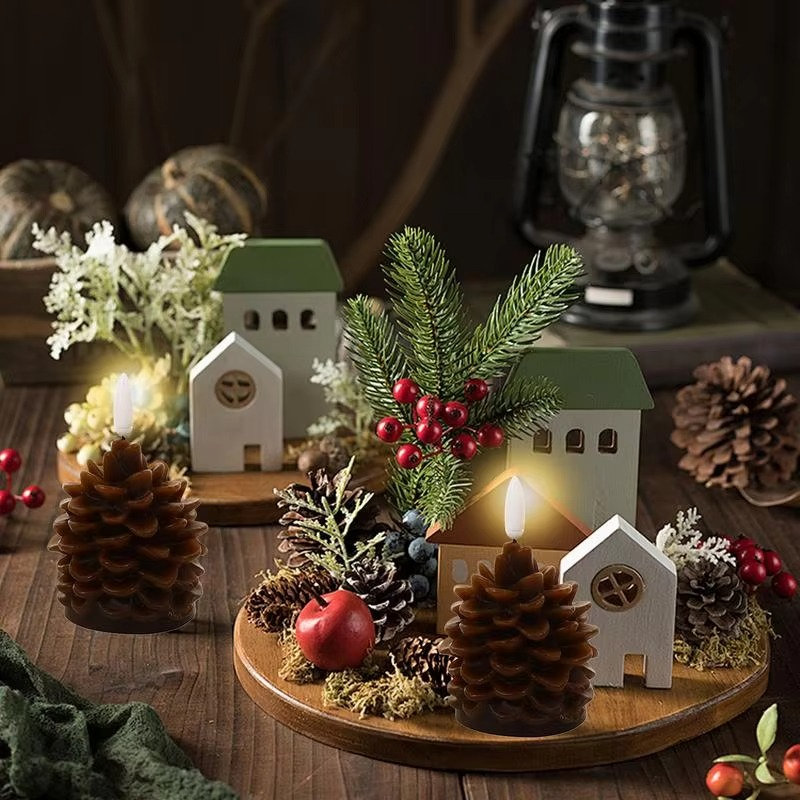 4X Christmas Flameless Pinecone Candles Simulated Fake Candles Lanterns Pinecone LED Lights for Room Home Table Fall Xmas Decor
