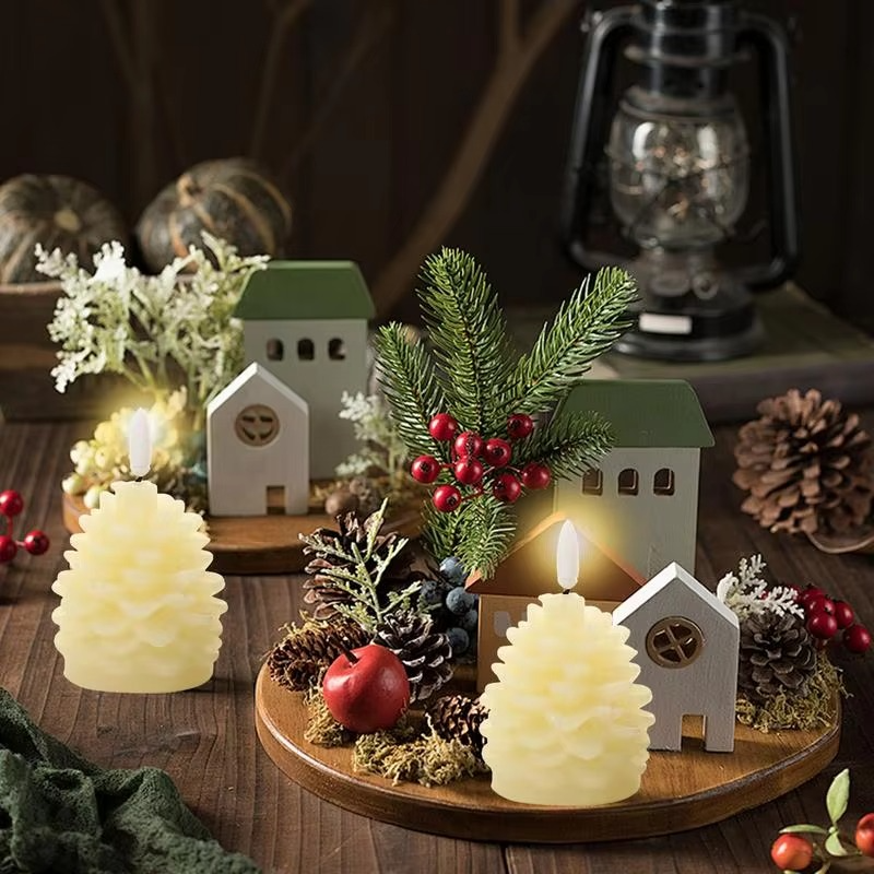 4X Christmas Flameless Pinecone Candles Simulated Fake Candles Lanterns Pinecone LED Lights for Room Home Table Fall Xmas Decor