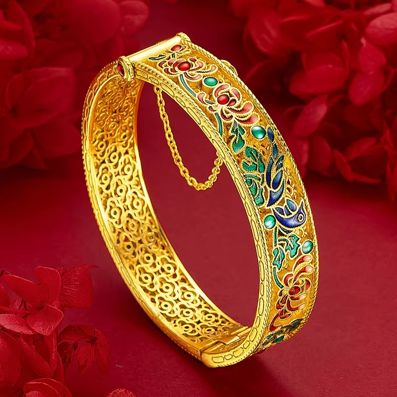 AU999 gold ancient method hollow 24K real gold bracelet women's light luxury enamel blue palace style filigree bracelet