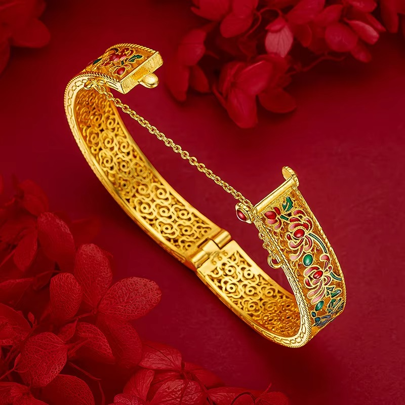 AU999 gold ancient method hollow 24K real gold bracelet women's light luxury enamel blue palace style filigree bracelet