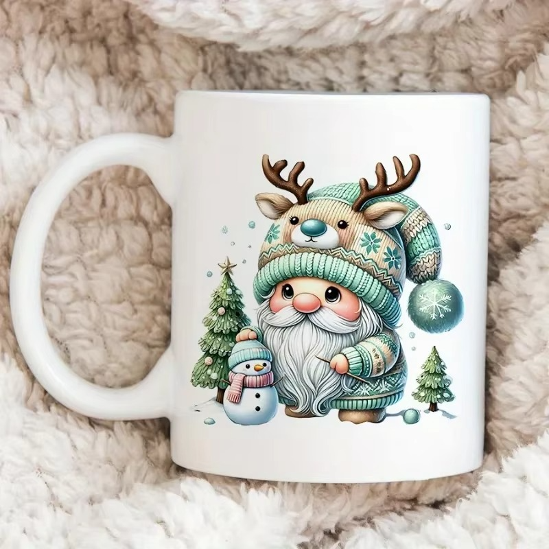 Cute Christmas Gnome Ceramic Mug - Festive Holiday Design with Snowman and Trees, Perfect for Winter and Unique Gift Idea