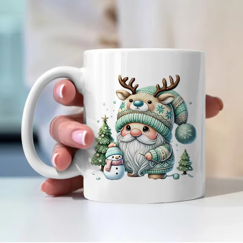 Cute Christmas Gnome Ceramic Mug - Festive Holiday Design with Snowman and Trees, Perfect for Winter and Unique Gift Idea