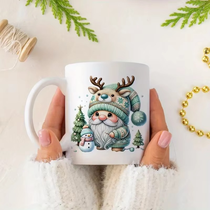 Cute Christmas Gnome Ceramic Mug - Festive Holiday Design with Snowman and Trees, Perfect for Winter and Unique Gift Idea