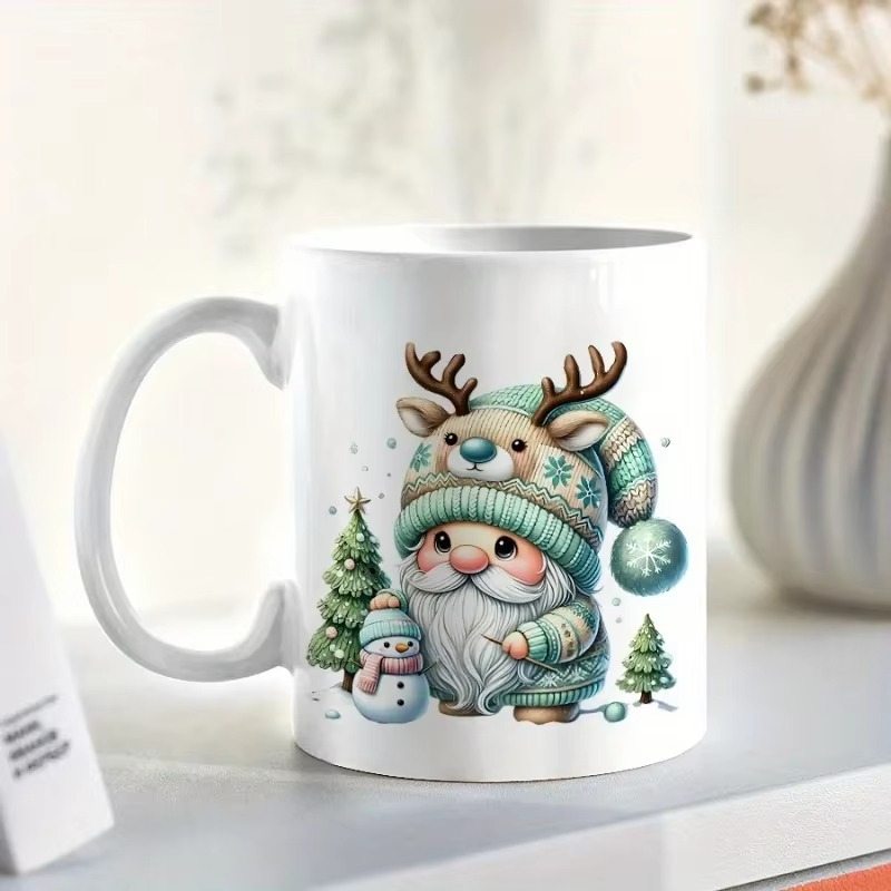 Cute Christmas Gnome Ceramic Mug - Festive Holiday Design with Snowman and Trees, Perfect for Winter and Unique Gift Idea
