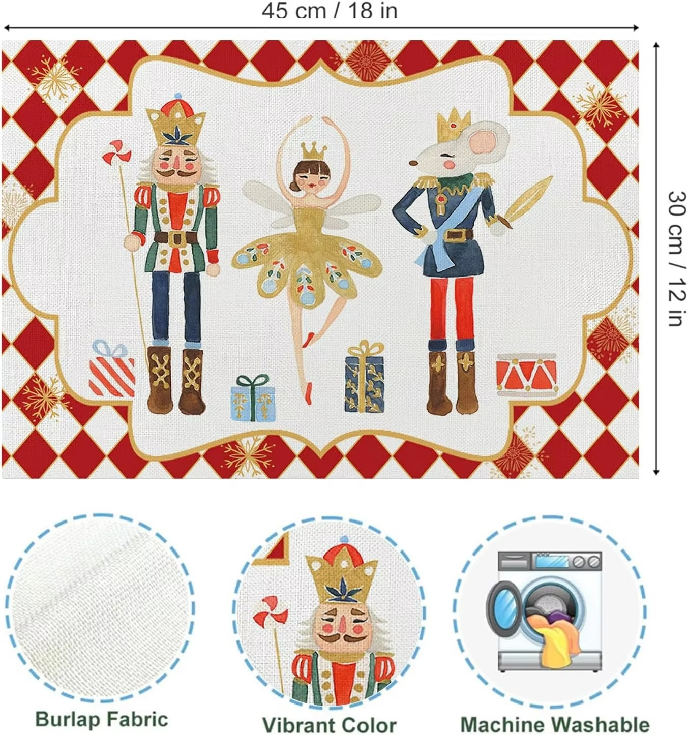 Christmas Nutcracker Placemats Set of 4, 12x18 Inch Xmas Winter Holiday Table Place Mats for Kitchen Dining Home Party Decor