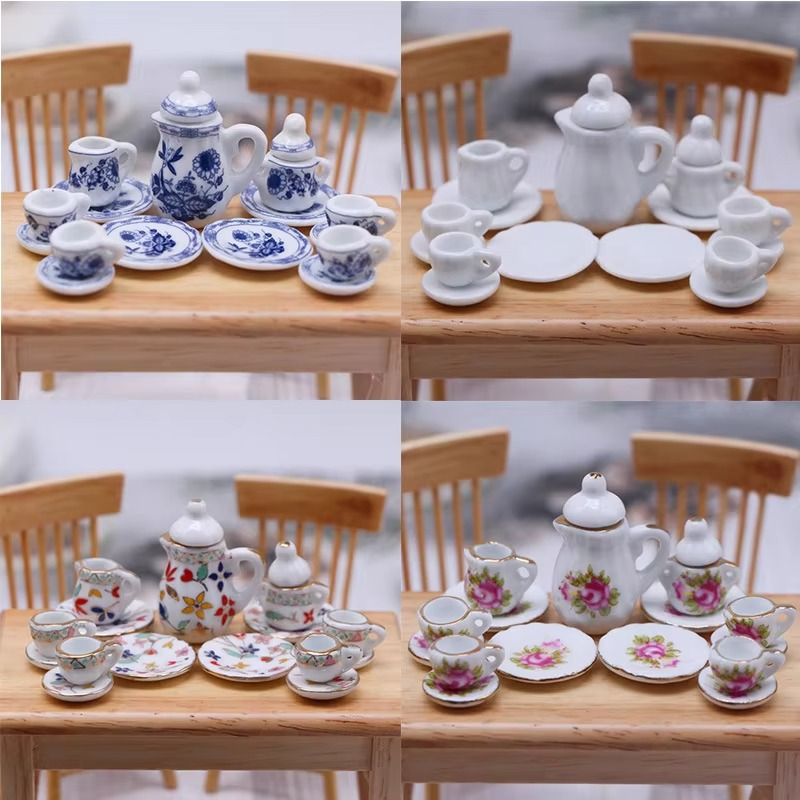 15pcs/Set The Dollhouse Mini Simulation Ceramic Tea Set Decoration Miniature Food and Play Scene Prop Modela Toys Wholesale