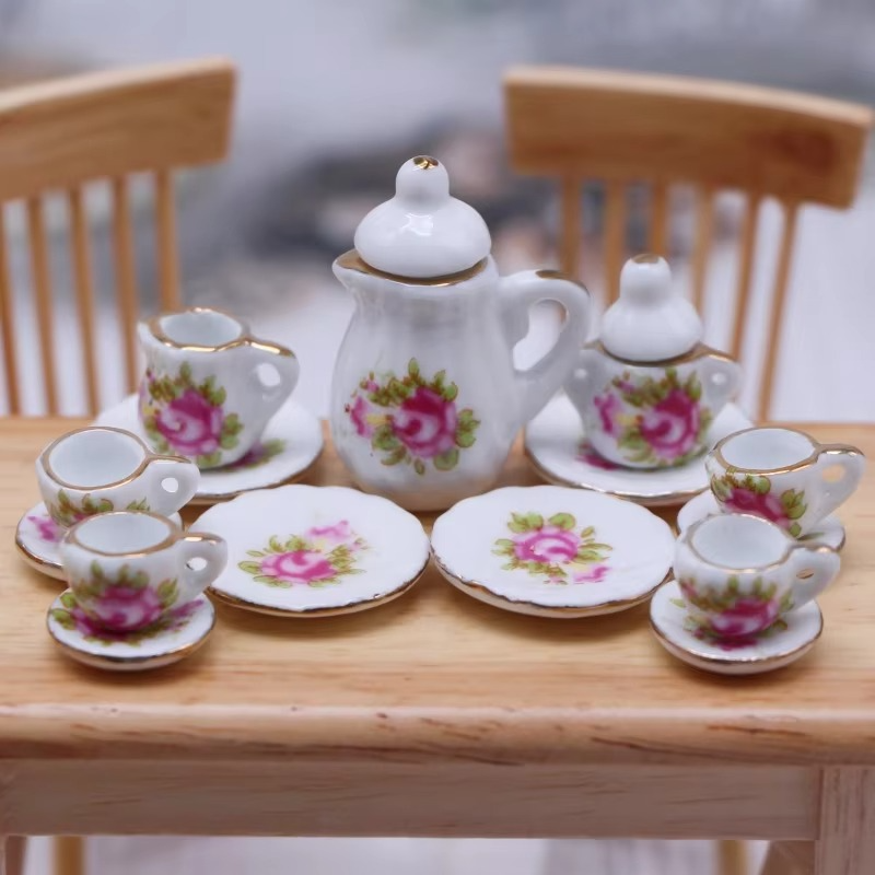15pcs/Set The Dollhouse Mini Simulation Ceramic Tea Set Decoration Miniature Food and Play Scene Prop Modela Toys Wholesale