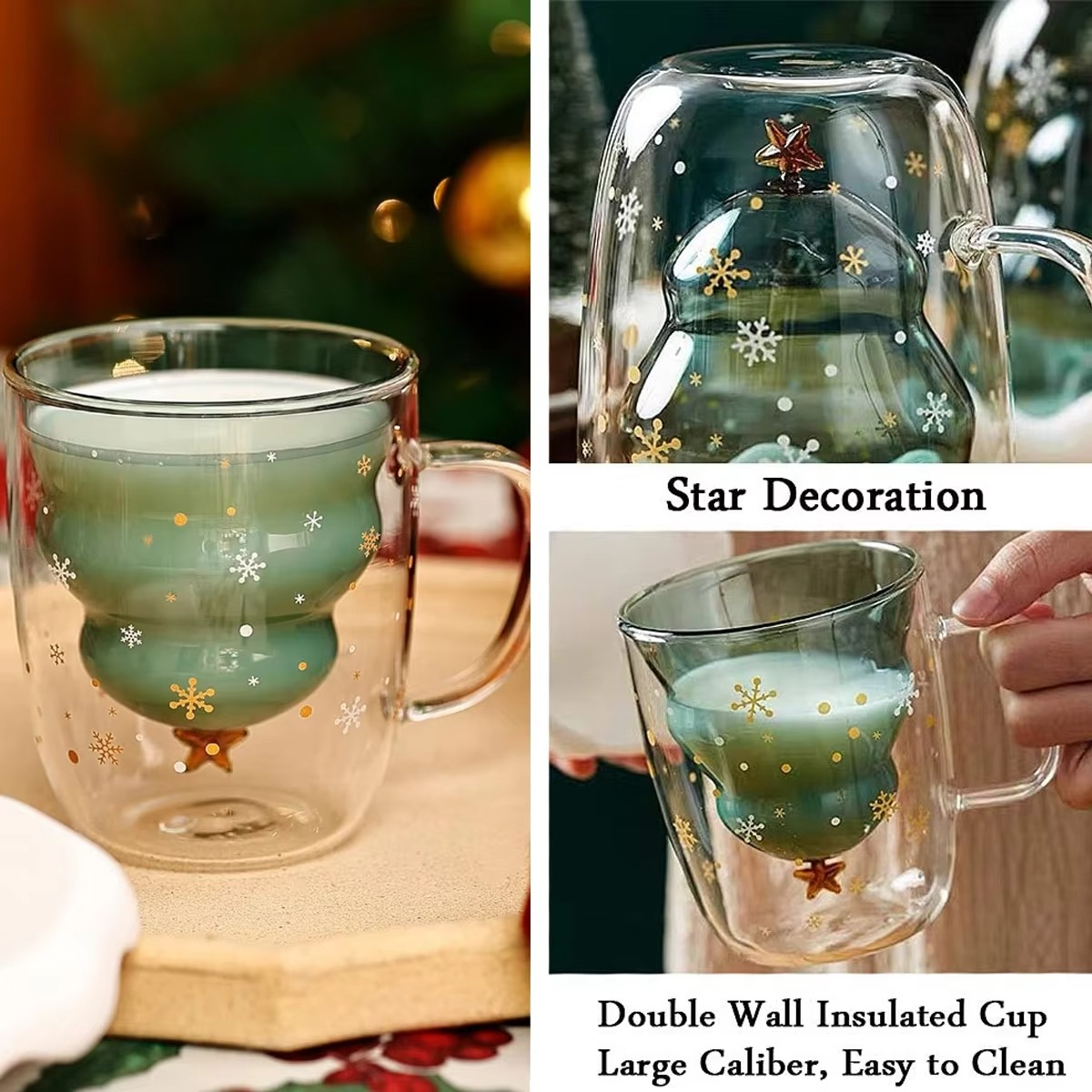 2Pcs Christmas Coffee Mugs Holiday Cups, 10oz Double Wall Glass Tableware with Lid and Handle, Tree Snowflake Glassware, 300ML