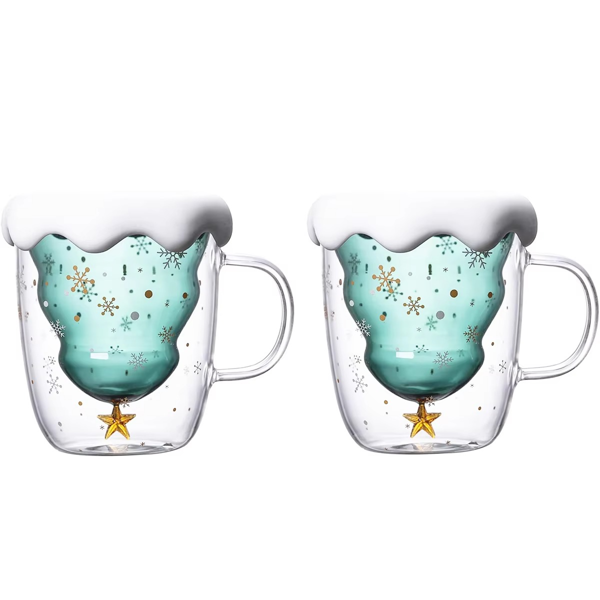 2Pcs Christmas Coffee Mugs Holiday Cups, 10oz Double Wall Glass Tableware with Lid and Handle, Tree Snowflake Glassware, 300ML