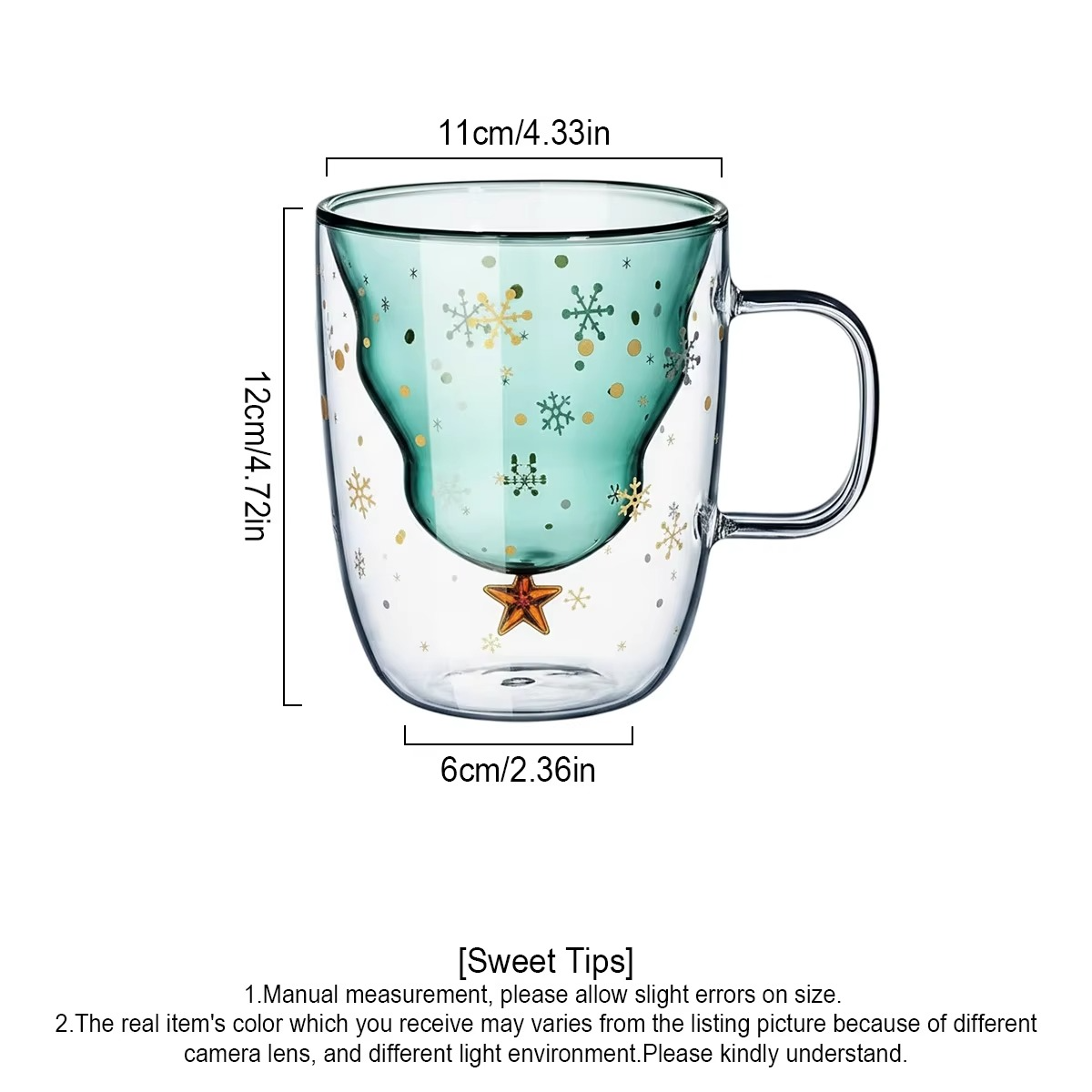 2Pcs Christmas Coffee Mugs Holiday Cups, 10oz Double Wall Glass Tableware with Lid and Handle, Tree Snowflake Glassware, 300ML