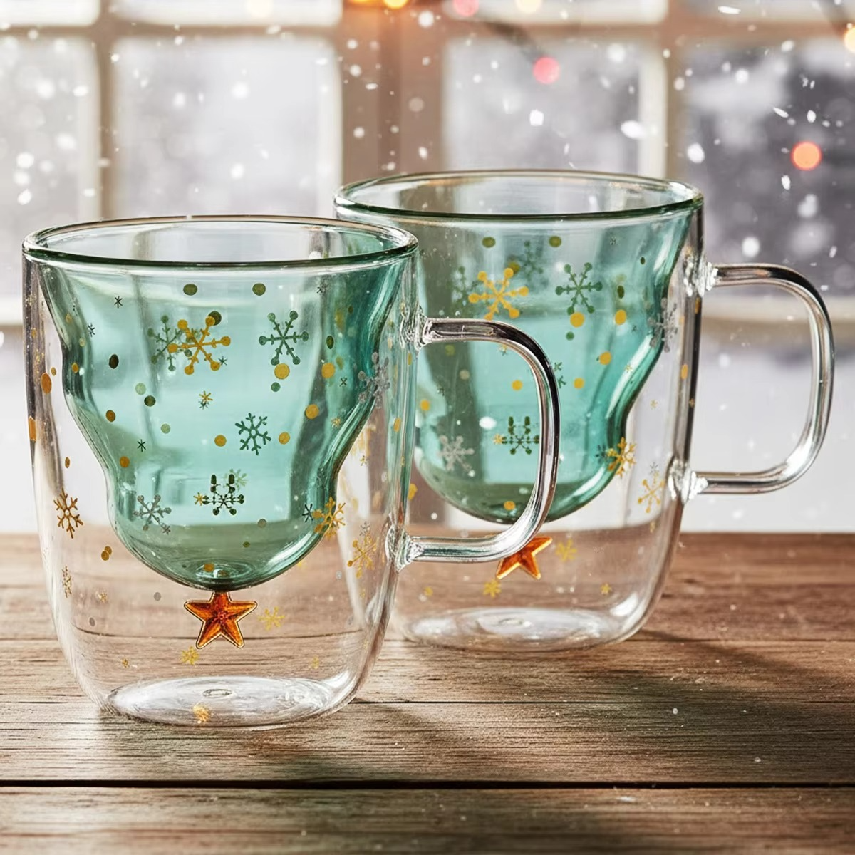 2Pcs Christmas Coffee Mugs Holiday Cups, 10oz Double Wall Glass Tableware with Lid and Handle, Tree Snowflake Glassware, 300ML