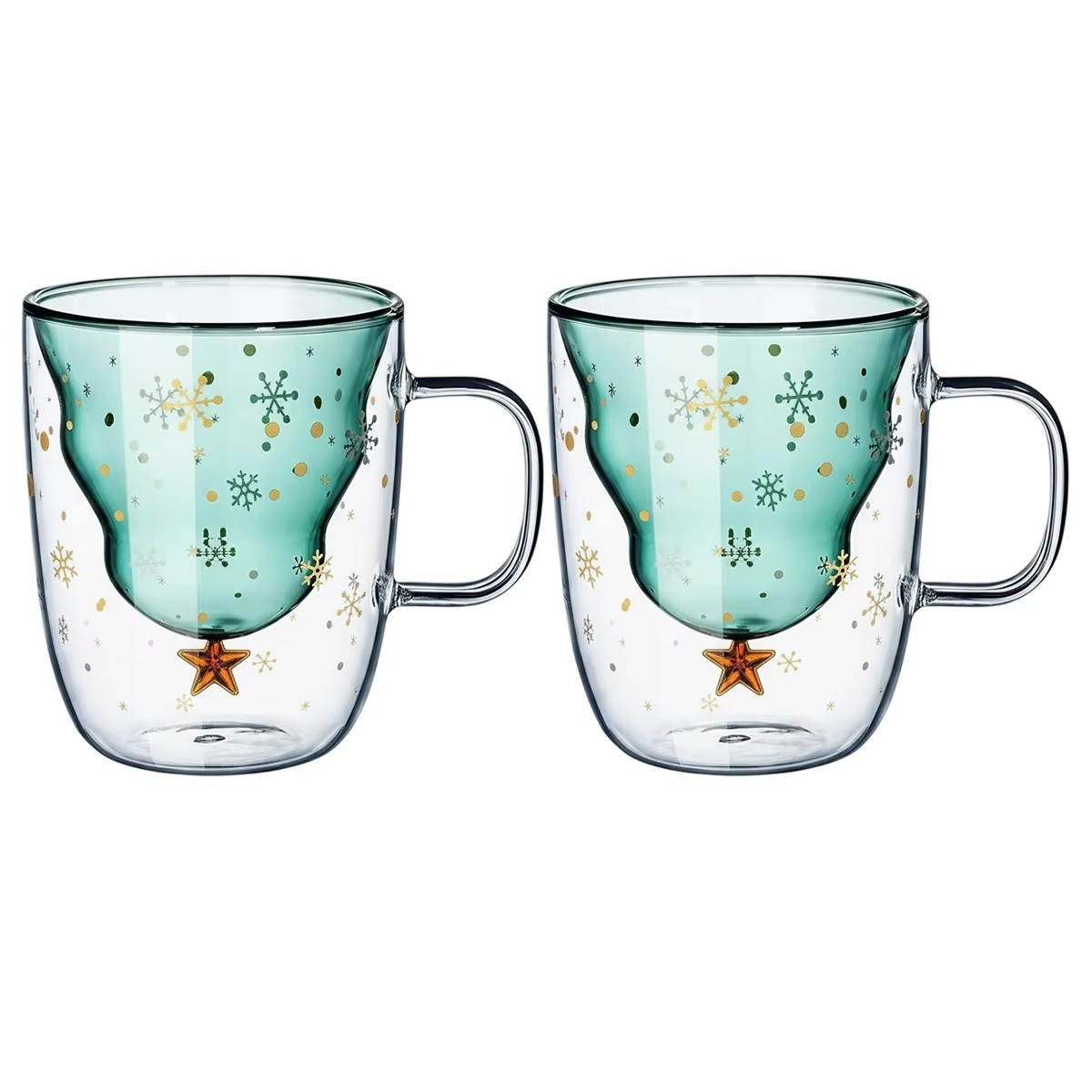 2Pcs Christmas Coffee Mugs Holiday Cups, 10oz Double Wall Glass Tableware with Lid and Handle, Tree Snowflake Glassware, 300ML