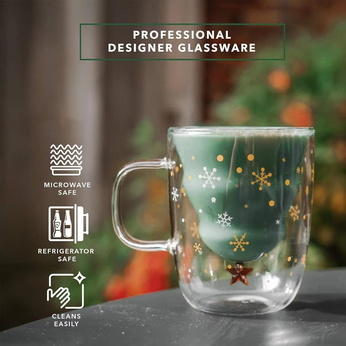 2Pcs Christmas Coffee Mugs Holiday Cups, 10oz Double Wall Glass Tableware with Lid and Handle, Tree Snowflake Glassware, 300ML