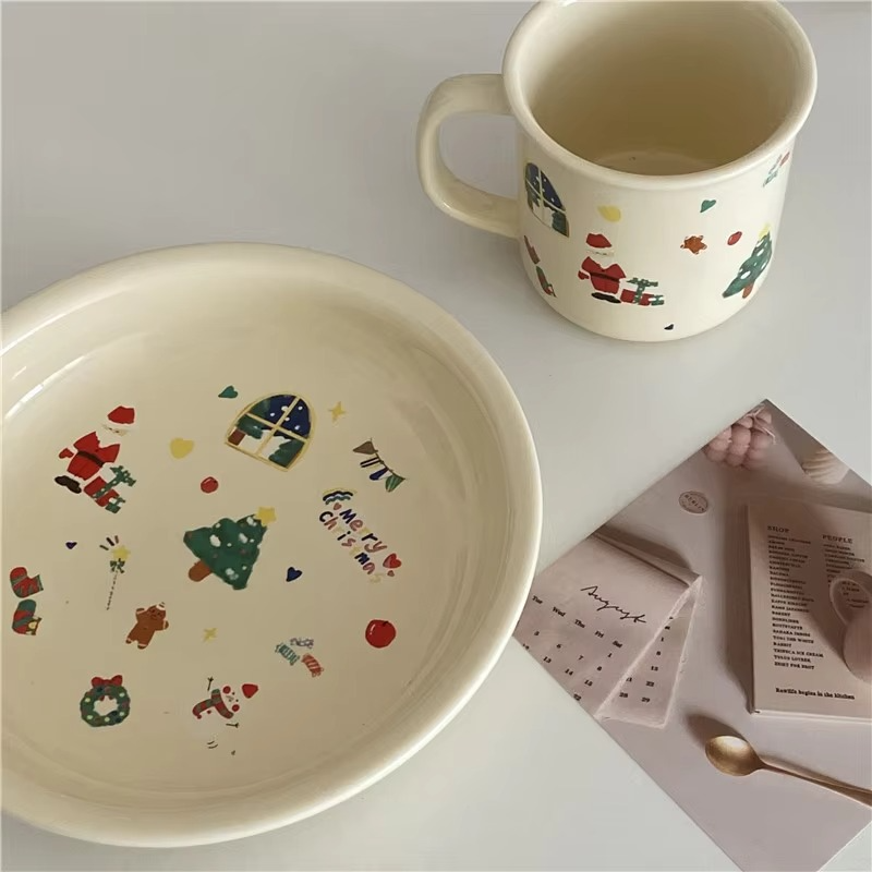 Mug Christmas Limited Lovely Cream Cartoon Graffiti Ceramic Dessert Plate Cutlery Set High Appearance Level