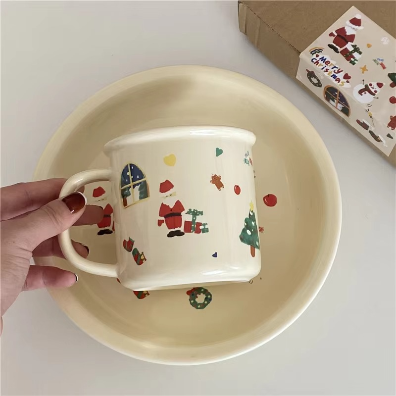 Mug Christmas Limited Lovely Cream Cartoon Graffiti Ceramic Dessert Plate Cutlery Set High Appearance Level