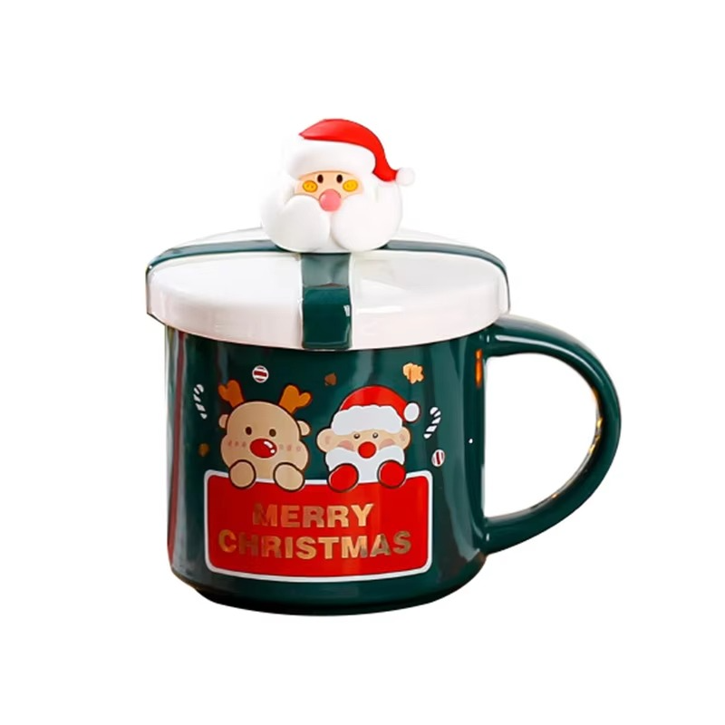 Christmas Mug With Lid and Spoon Santa Claus Ceramic Coffee Cup Elk Snowman Couple water cup Breakfast Dessert Milk Mug Xmas Gif